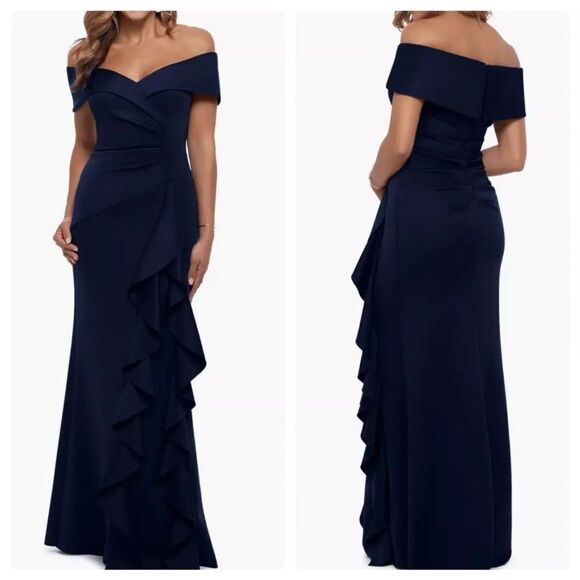 Xscape 4581X Long Scuba Off-the-Shoulder Ruffle Dress size 10 NWT $288 - Picture 1 of 6